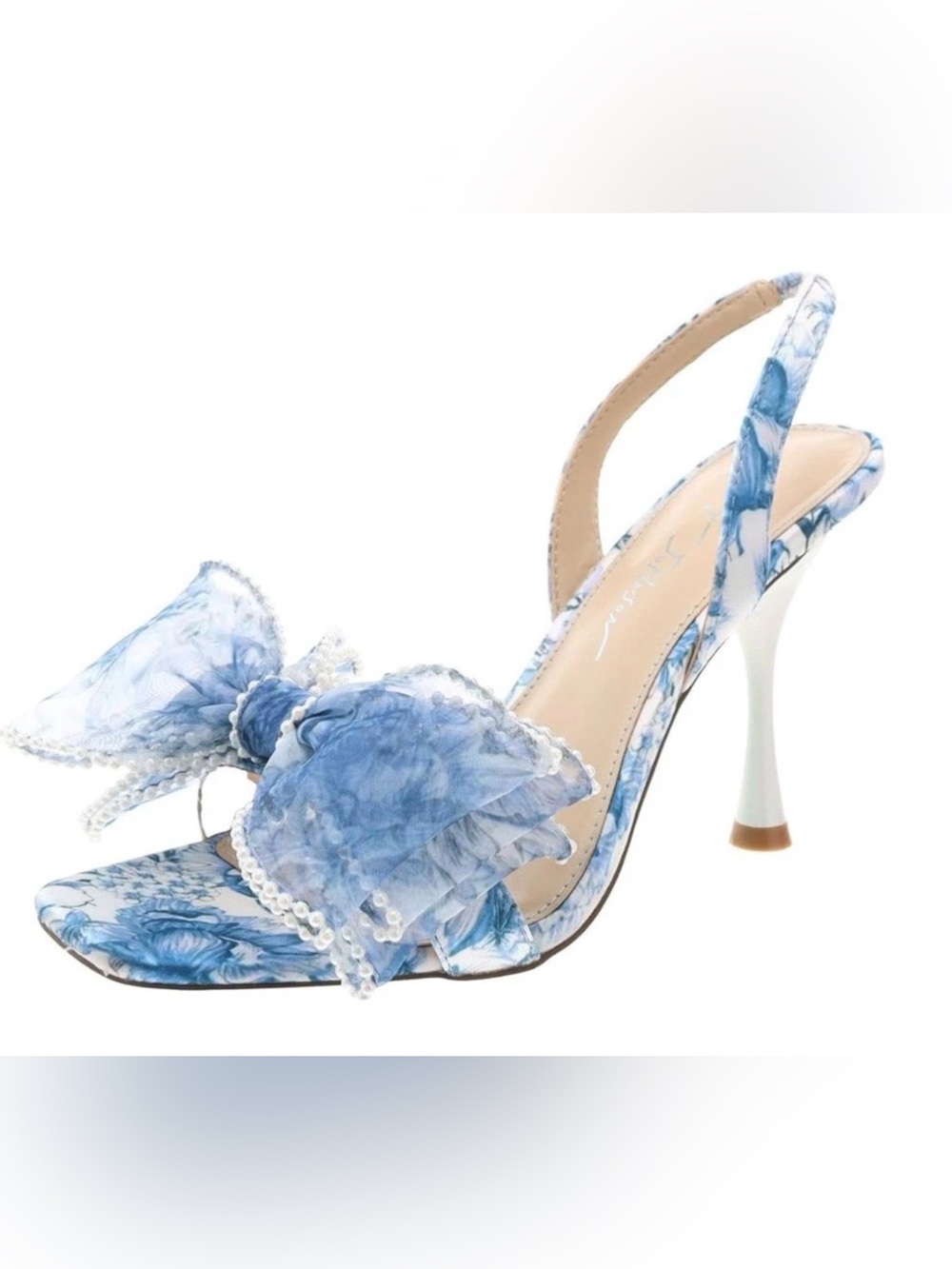 Betsey Johnson Women's Fawn Blue Floral Mesh Bow Heeled Sandals White Sz 8.5 NW